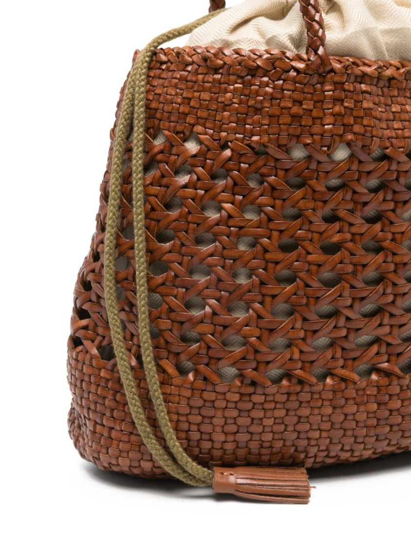 Dragon Diffusion Medium Brown Woven Leather Handbag With Drawstring Closure