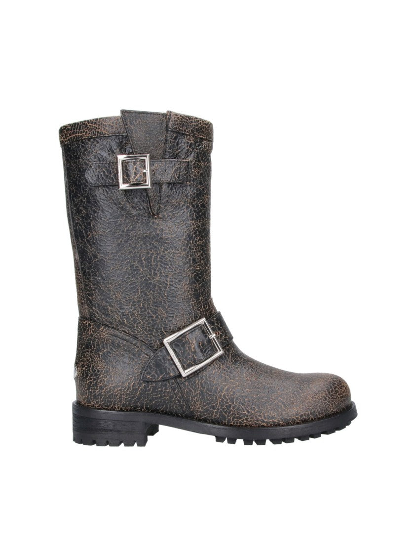 Jimmy Choo Distressed Leather Mid-Calf Boots With Silver-Tone Buckles