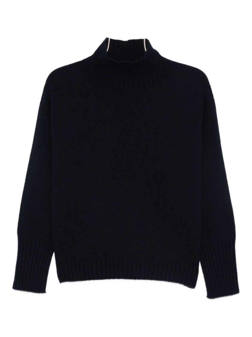 Vanisé Ribbed Neckline Deep Blue Knit Sweater