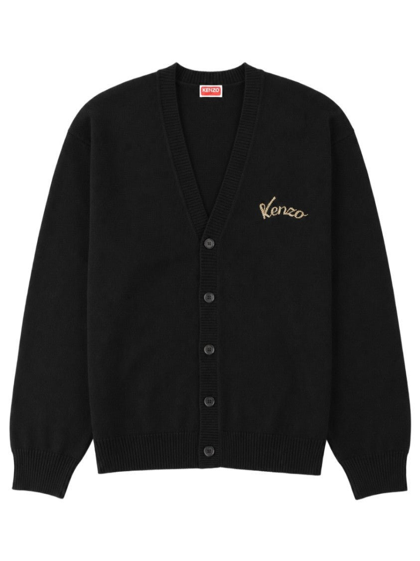 Kenzo V-Neck Cardigan With Bold Tiger Patch And Ribbed Cuffs