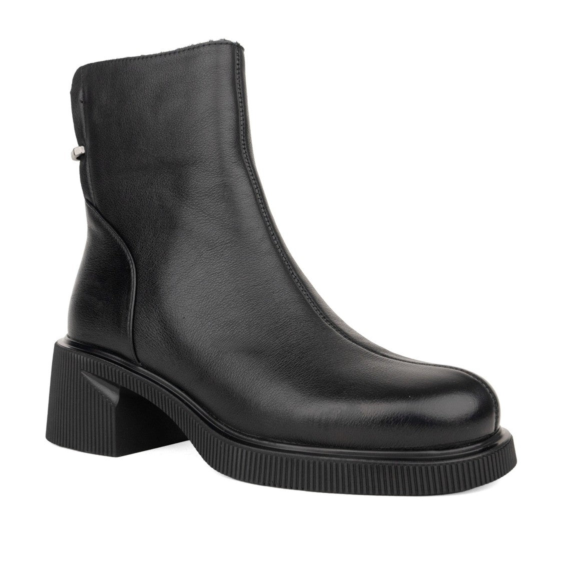 Linda Baumann Black Minimalist Block Heel Leather Ankle Boots