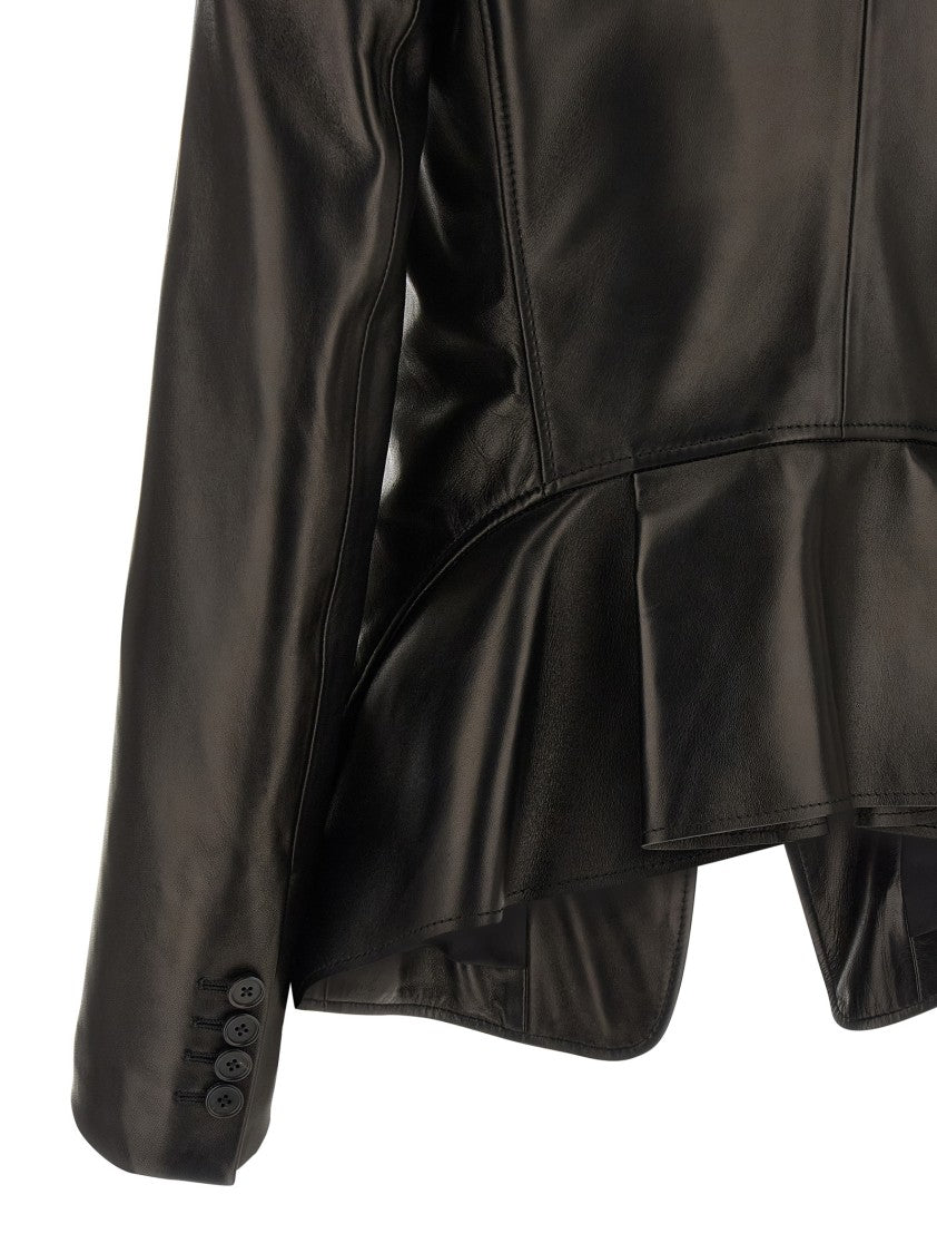 Mcqueen Nappa Leather Single-Breasted Blazer With Asymmetric Hem