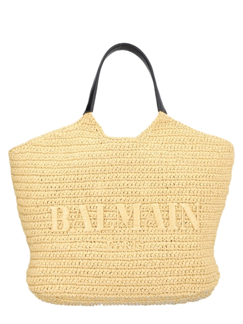Balmain Woven Crochet Tote Bag With Smooth Handles And Embossed Logo