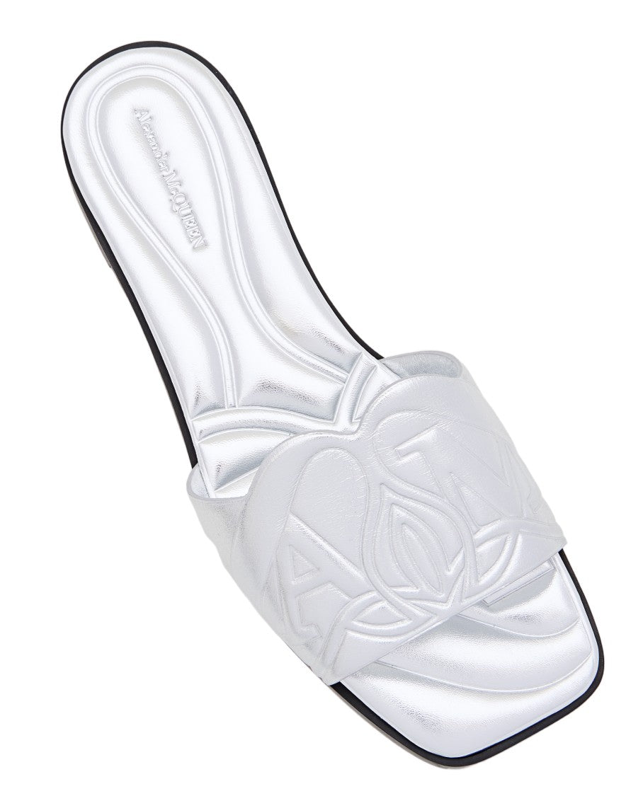 Alexander Mcqueen Metallic Silver Flat Slide Sandal With Embossed Strap