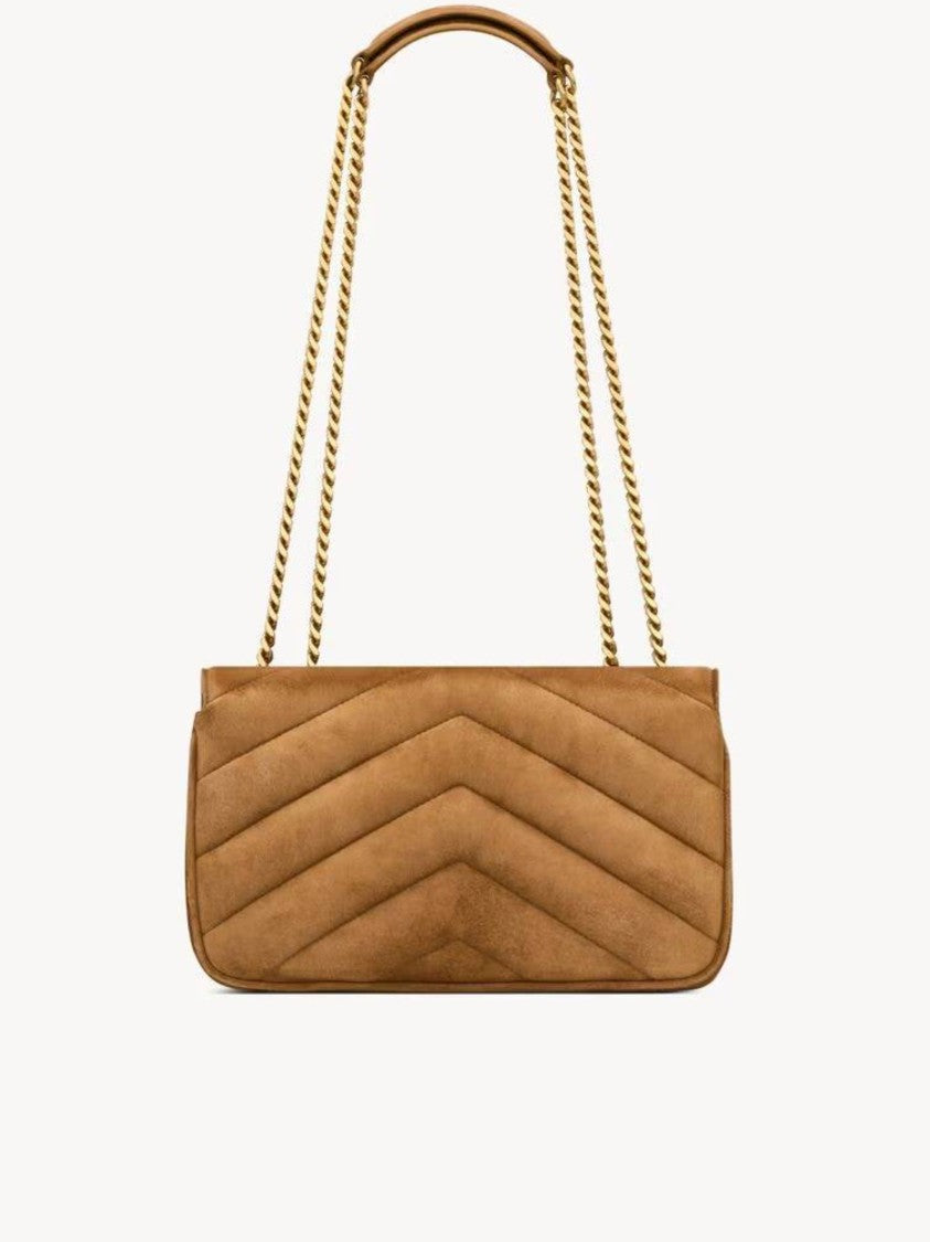Saint Laurent Chevron Quilted Suede Shoulder Bag With Gold-Tone Chain Strap