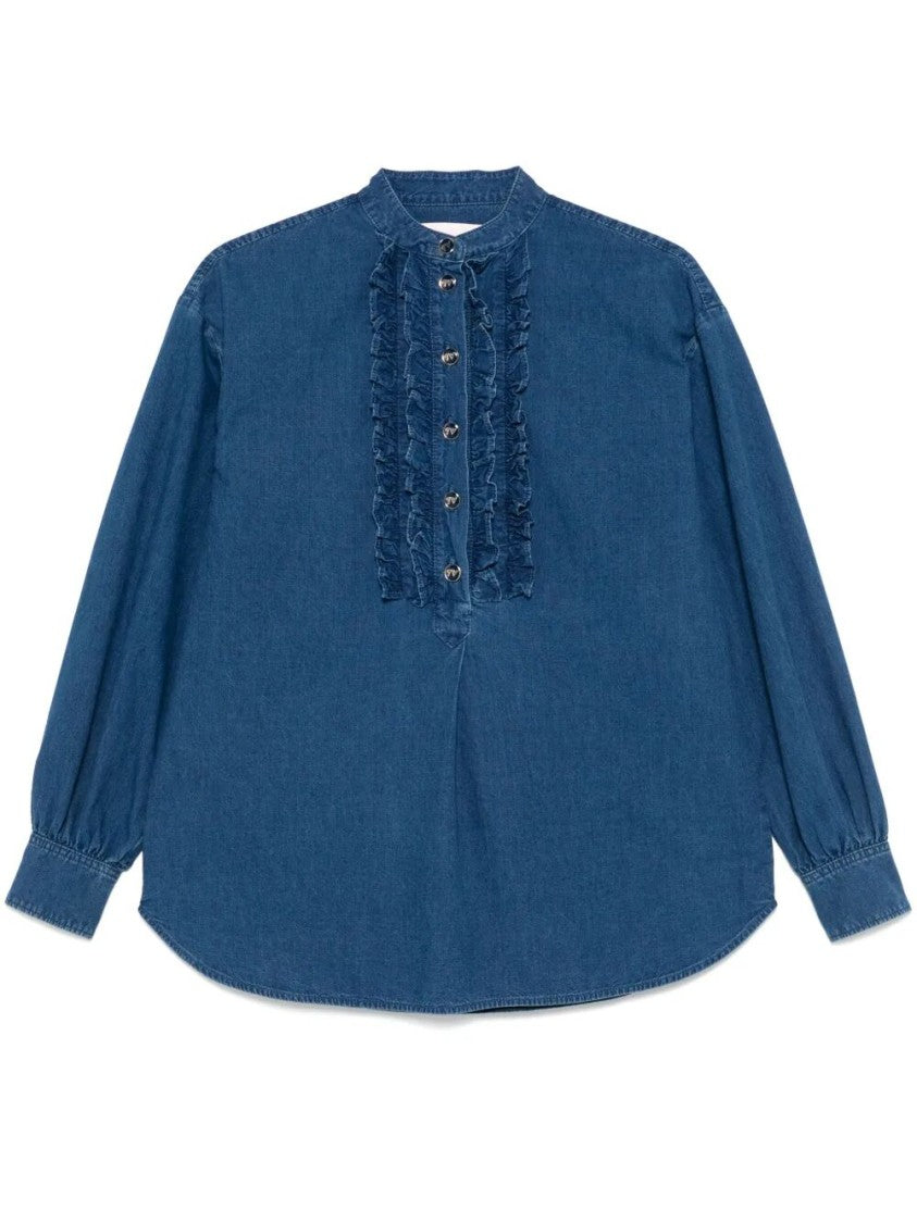 Valentino Classic Blue Denim Shirt With Ruffled Placket