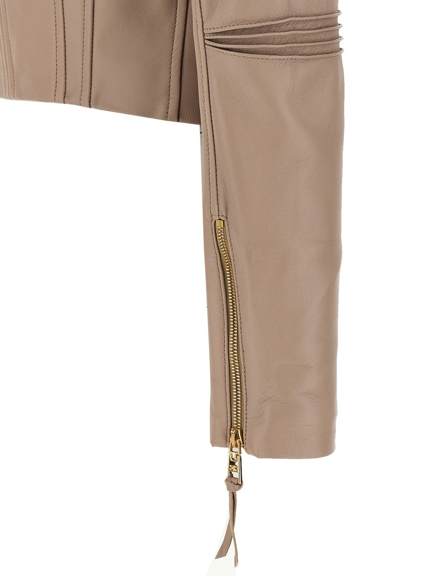 Elisabetta Franchi Cropped Leather Biker Jacket With Asymmetric Closure