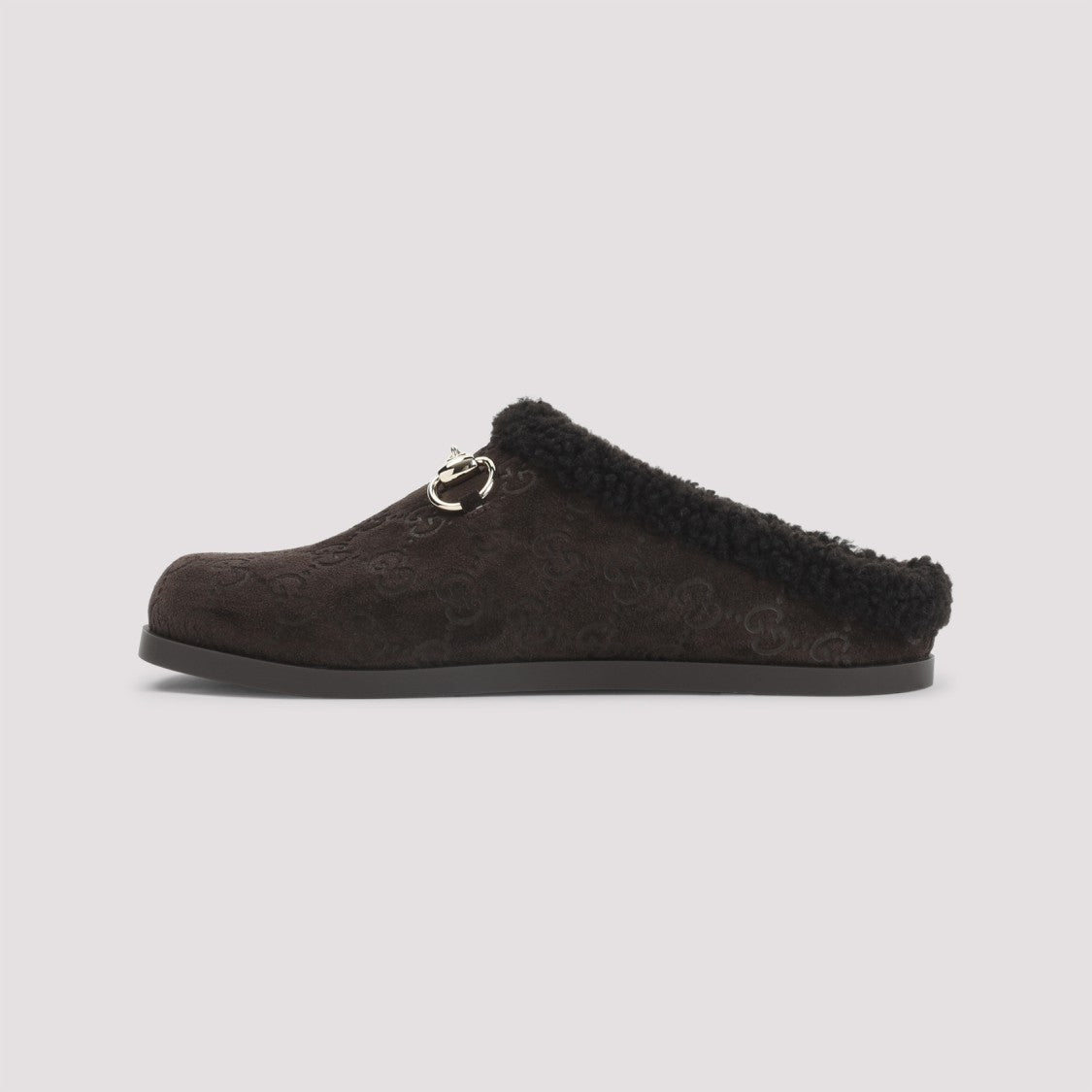 Gucci Soft Suede And Shearling Slip-On Mules With Metallic Detail