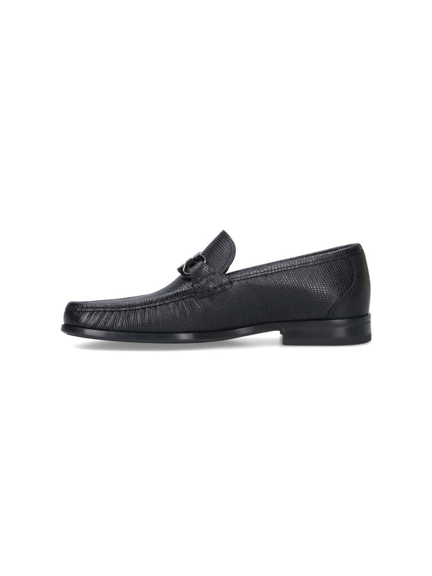 Ferragamo Textured Black Leather Loafers With Metallic Bit Detail
