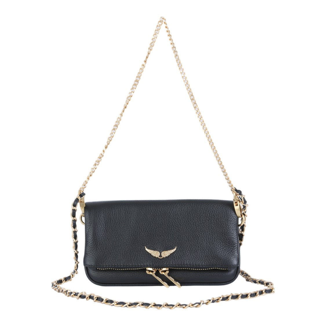 Zadig & Voltaire Pebbled Black Leather Bag With Gold Wing Emblem