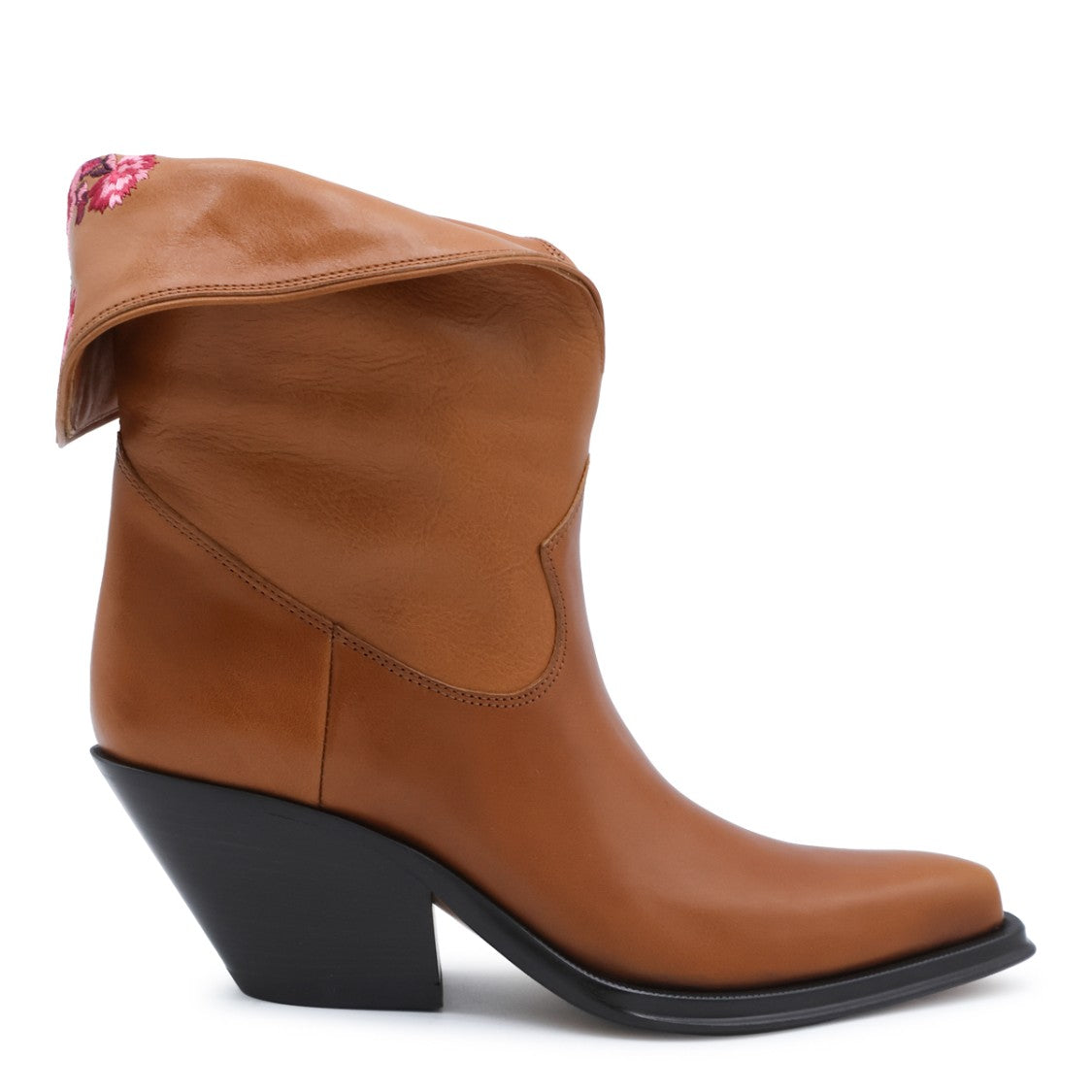 Chloé Brown Embroidered Leather Mid-Ankle Boots