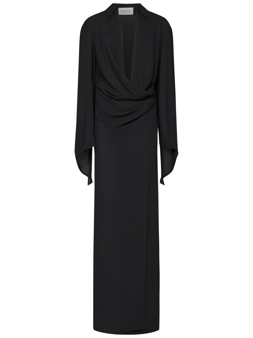 Mônot Asymmetric Long Sleeve Black Crepe Jersey Wrap Dress