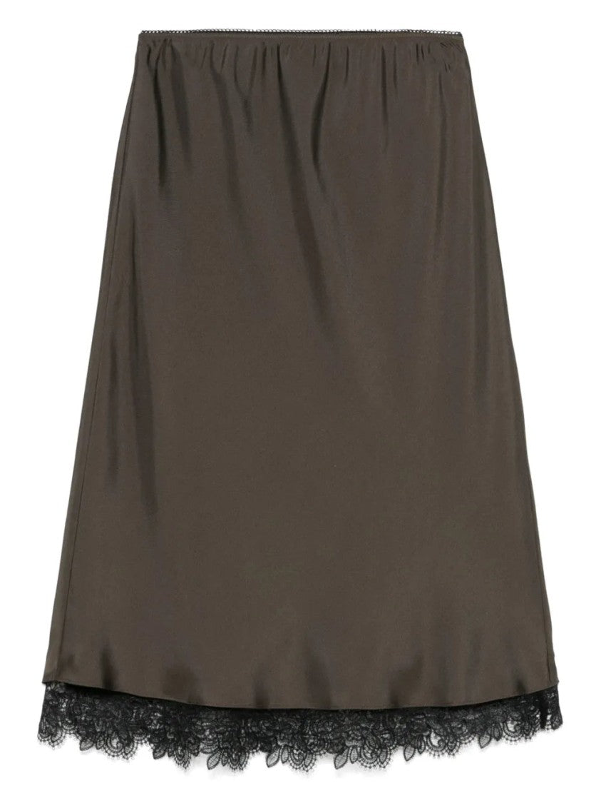 Róhe Earth Brown Lace-Trim Midi Skirt