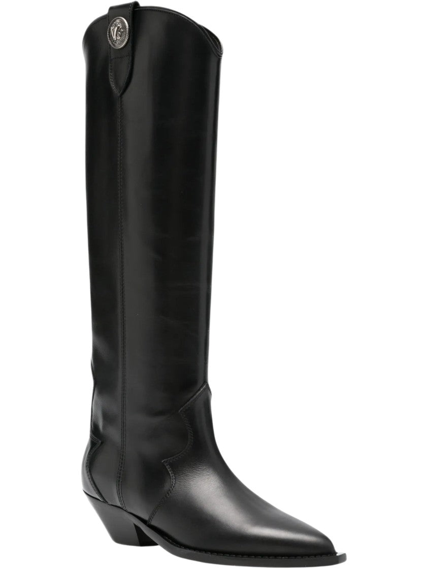 Via Roma 15 Black Sleek Logo Plaque Knee-High Leather Boots