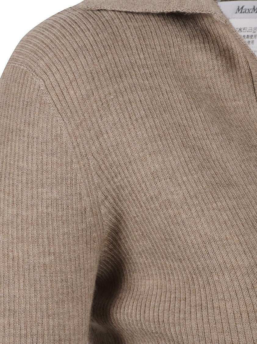 Max Mara Ribbed Knit Top With Subtle Collar And Deep V-Neckline