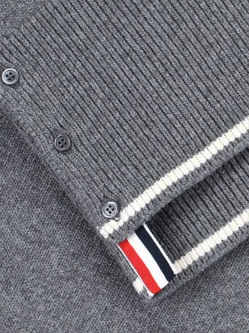 Thom Browne Ribbed Grey Wool Sweater With Iconic Stripe Accents