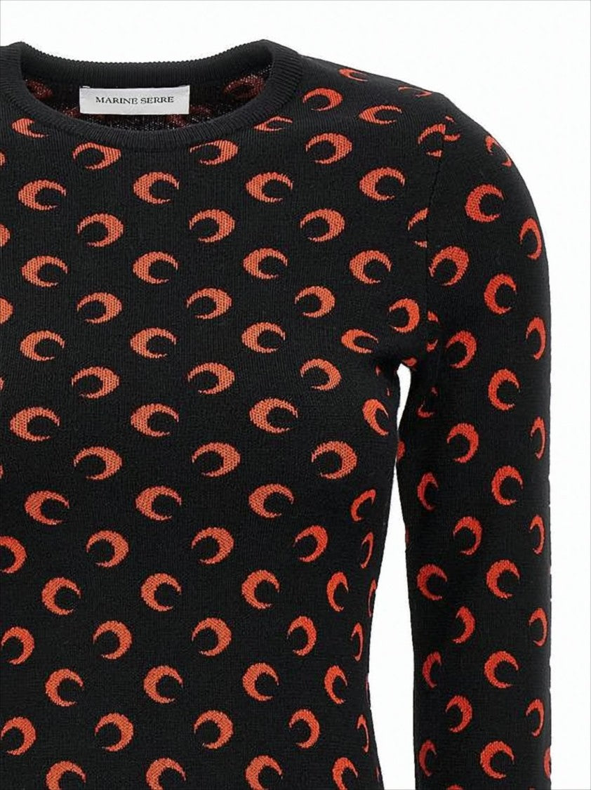 Marine Serre Fitted Black Mini Dress With Long Sleeves And Crescent Pattern