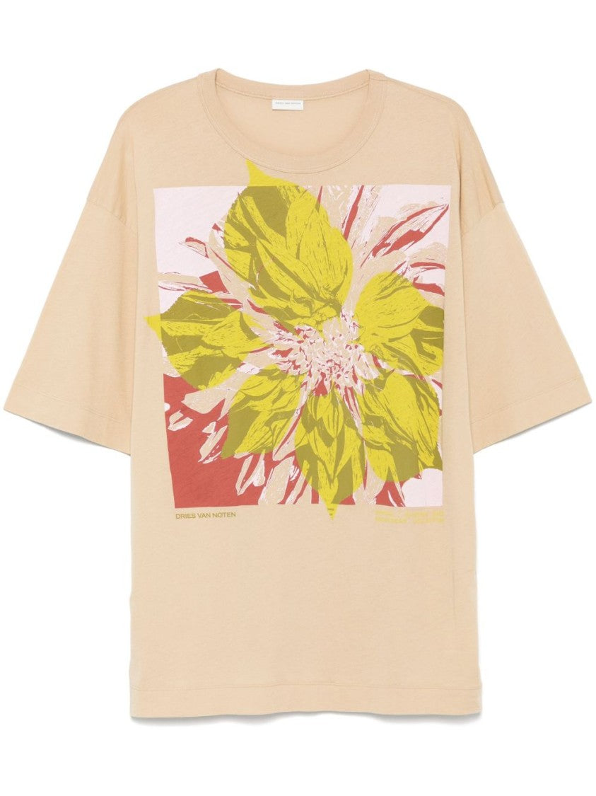 Dries Van Noten Beige Relaxed Fit Floral Graphic T-Shirt