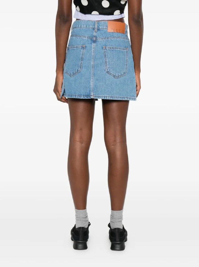 Msgm Light Blue High-Waisted Mini Denim Skirt With Bow Detail