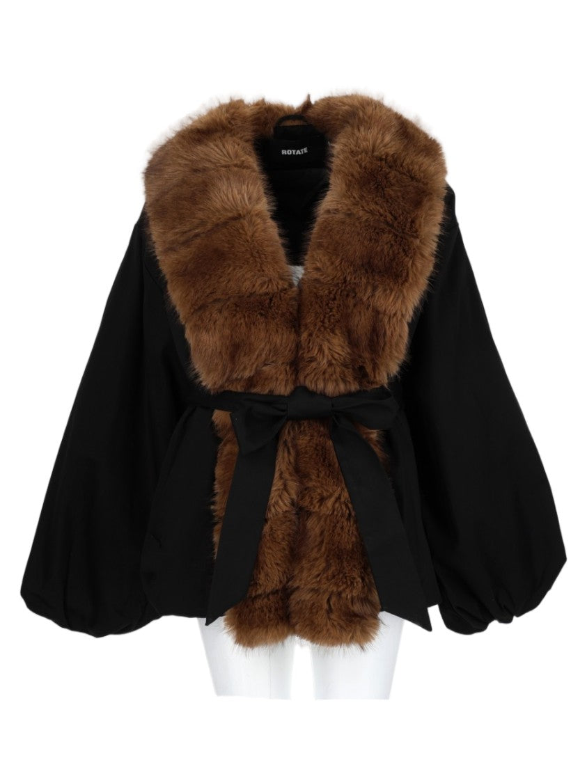 Rotate Black Voluminous Fur Collar Belted Casual Jacket