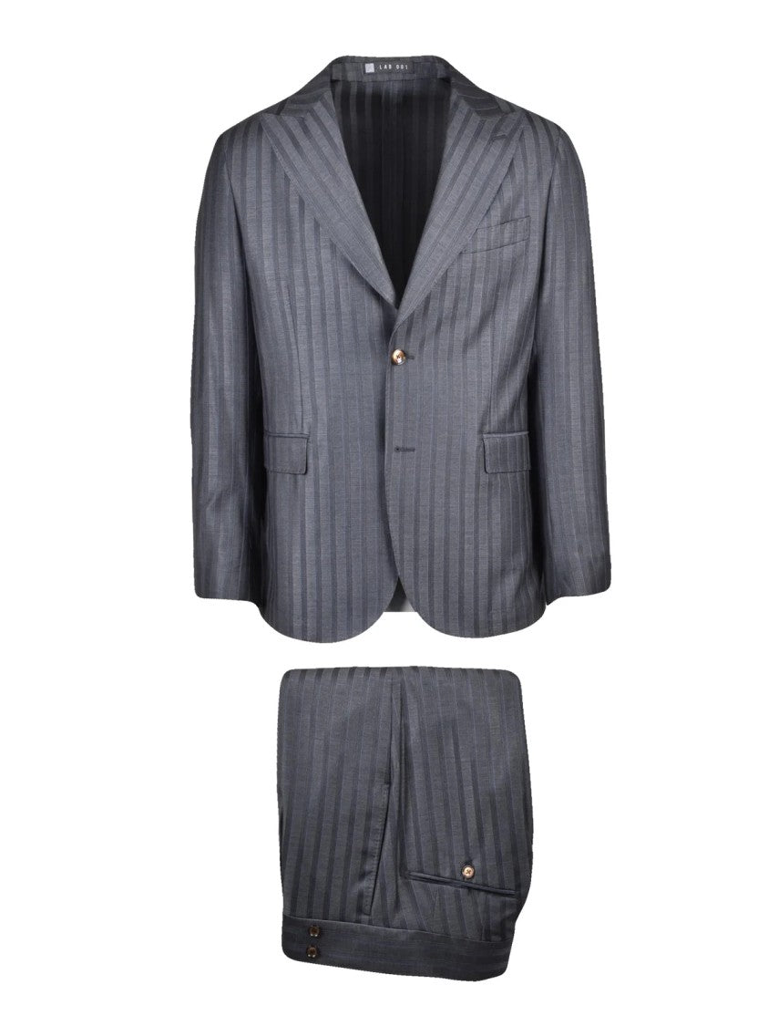 Lab 001 Grey Polyester-Viscose Pleated Formal Suit