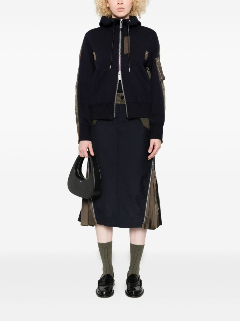 Sacai Midnight Blue Zip-Through Hoodie With Contrasting Olive Satin Sleeves