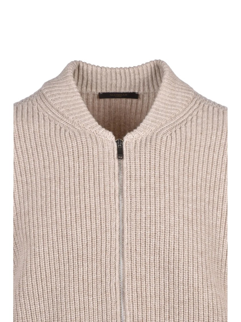 Slowear By Zanone Beige Ribbed High Collar Virgin Wool Zip Cardigan