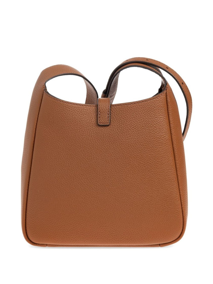 Tory Burch Structured Medium Brown Pebbled Leather Bag With Logo Detail