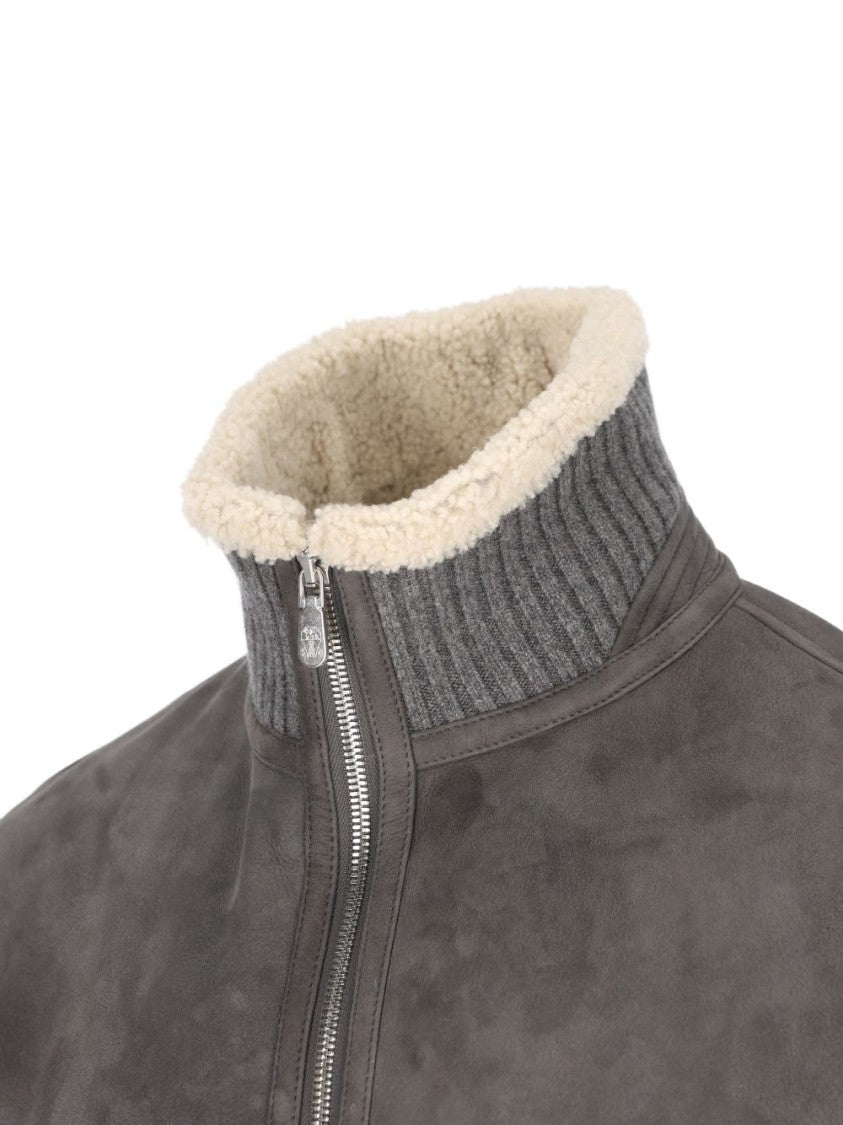 Brunello Cucinelli Brown Zip-Up Sheepskin Collar Bomber Jacket