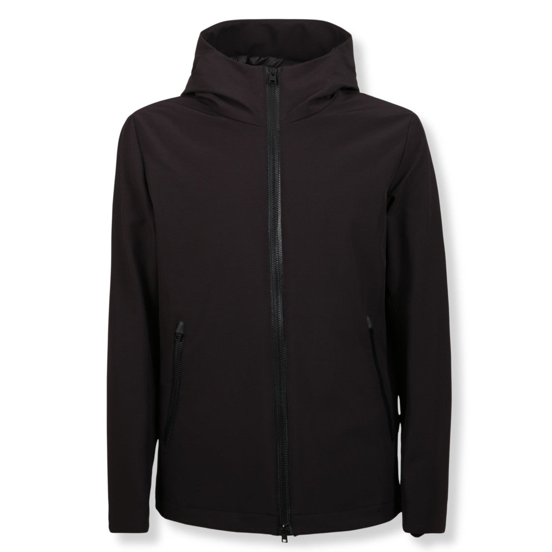 Woolrich Streamlined Black Soft-Shell Jacket With Fixed Hood