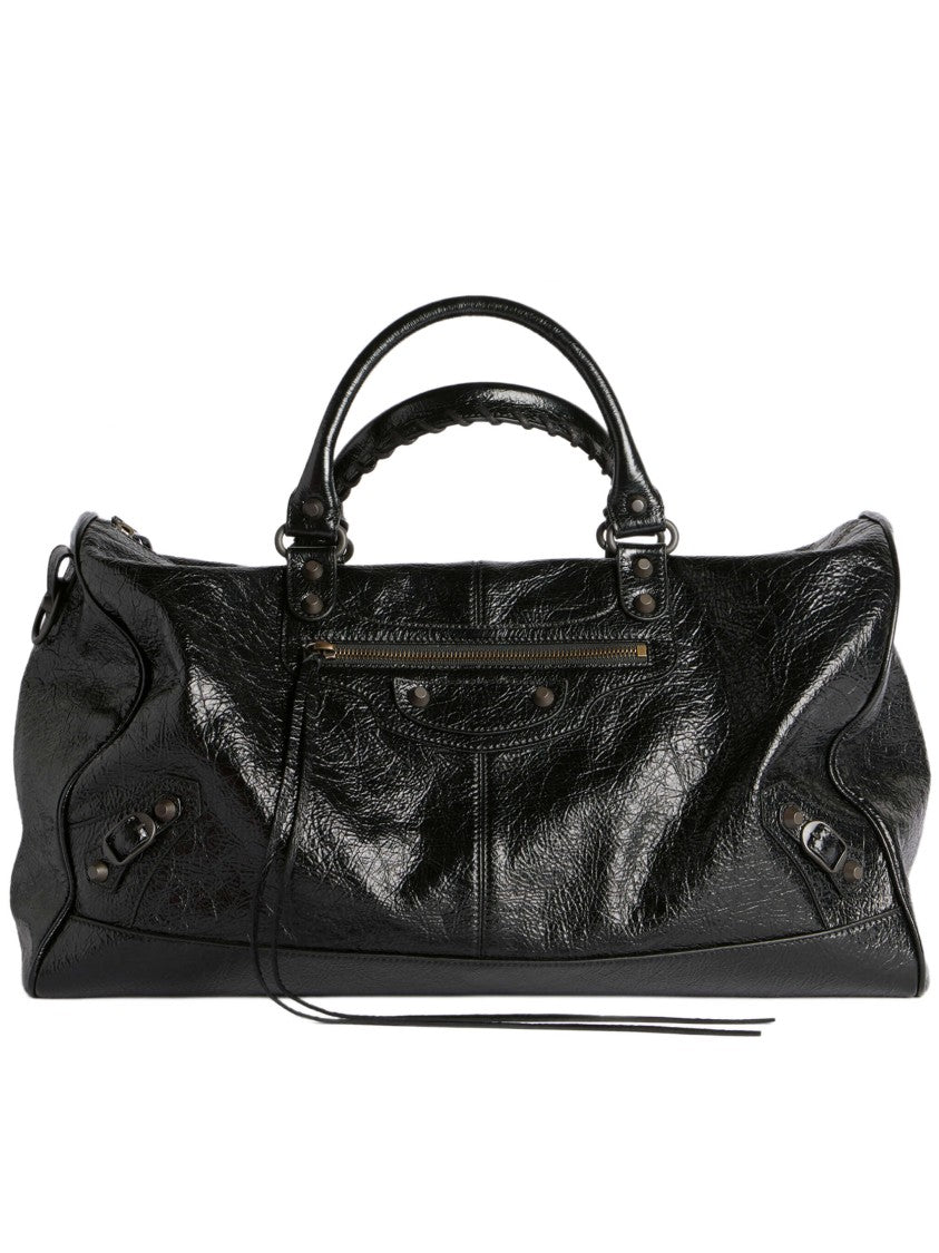 Balenciaga Glossy Black Leather Duffle Bag With Studded Zip Pocket