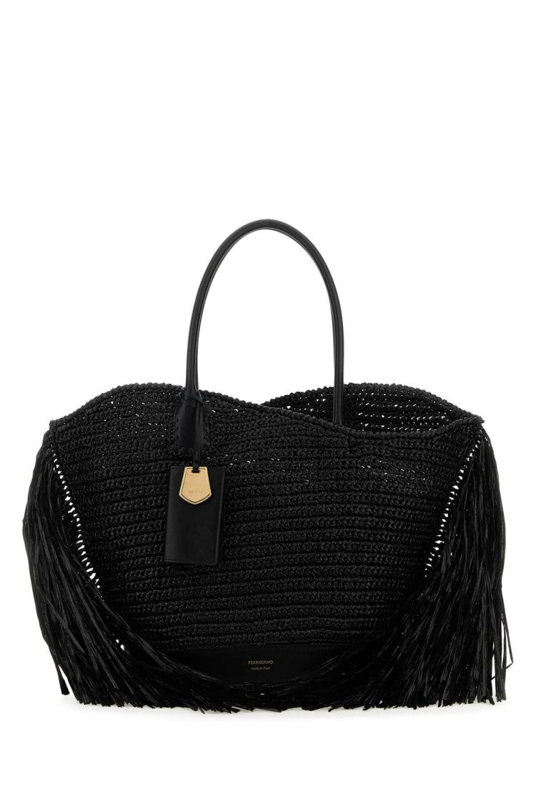Salvatore Ferragamo Black Raffia And Leather Big Shopping Bag