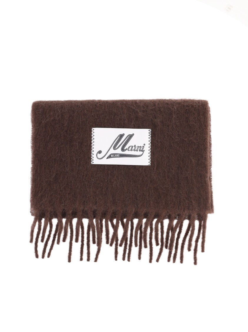 Marni Fringed Brown Alpaca Blend Scarf With Logo Tag