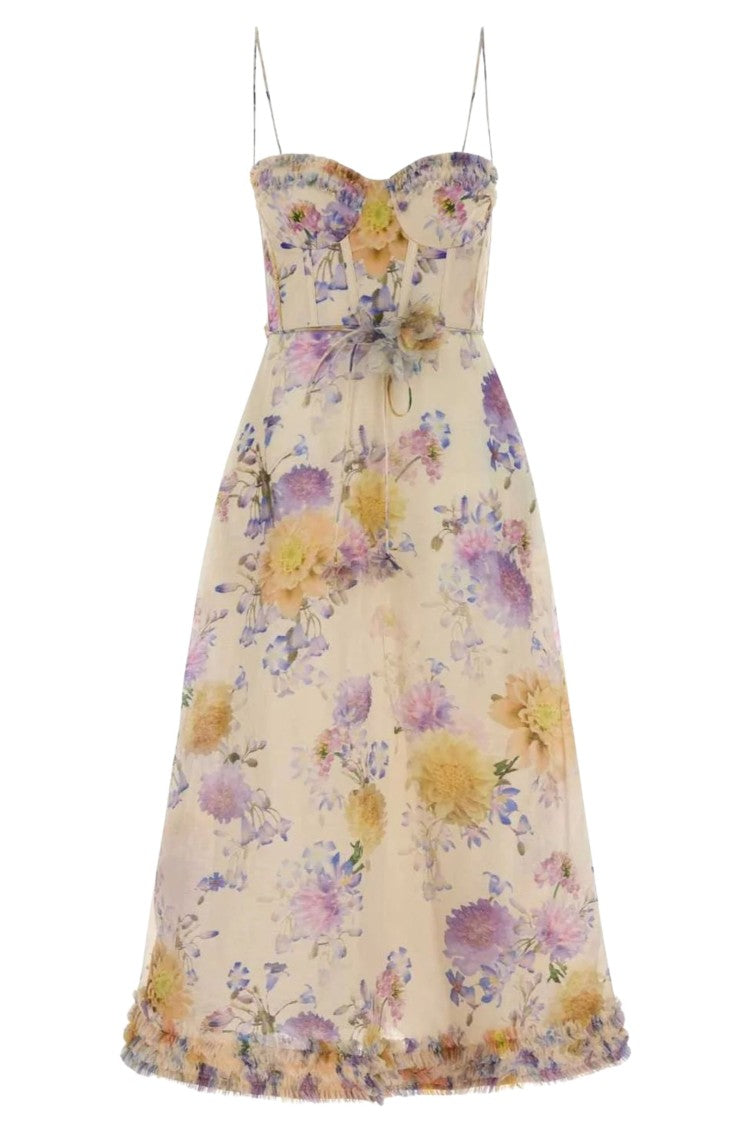 Zimmermann Floral Organza Midi Dress With Sweetheart Neckline And Ruffled Hem