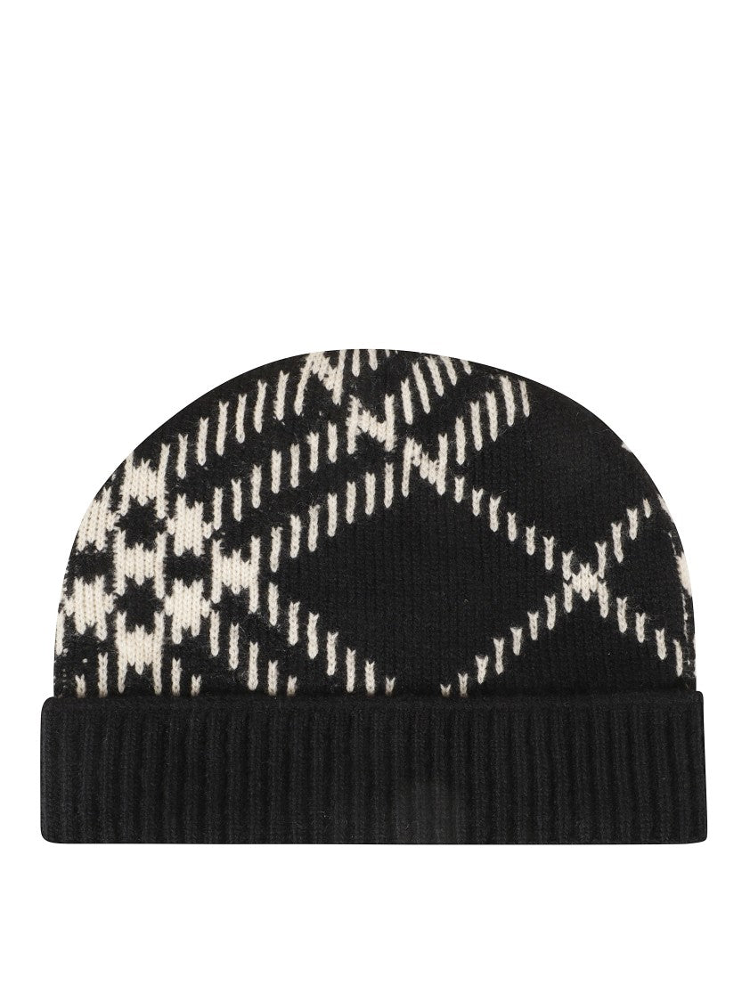 Burberry Knitted Beanie Hat With Classic Check Pattern