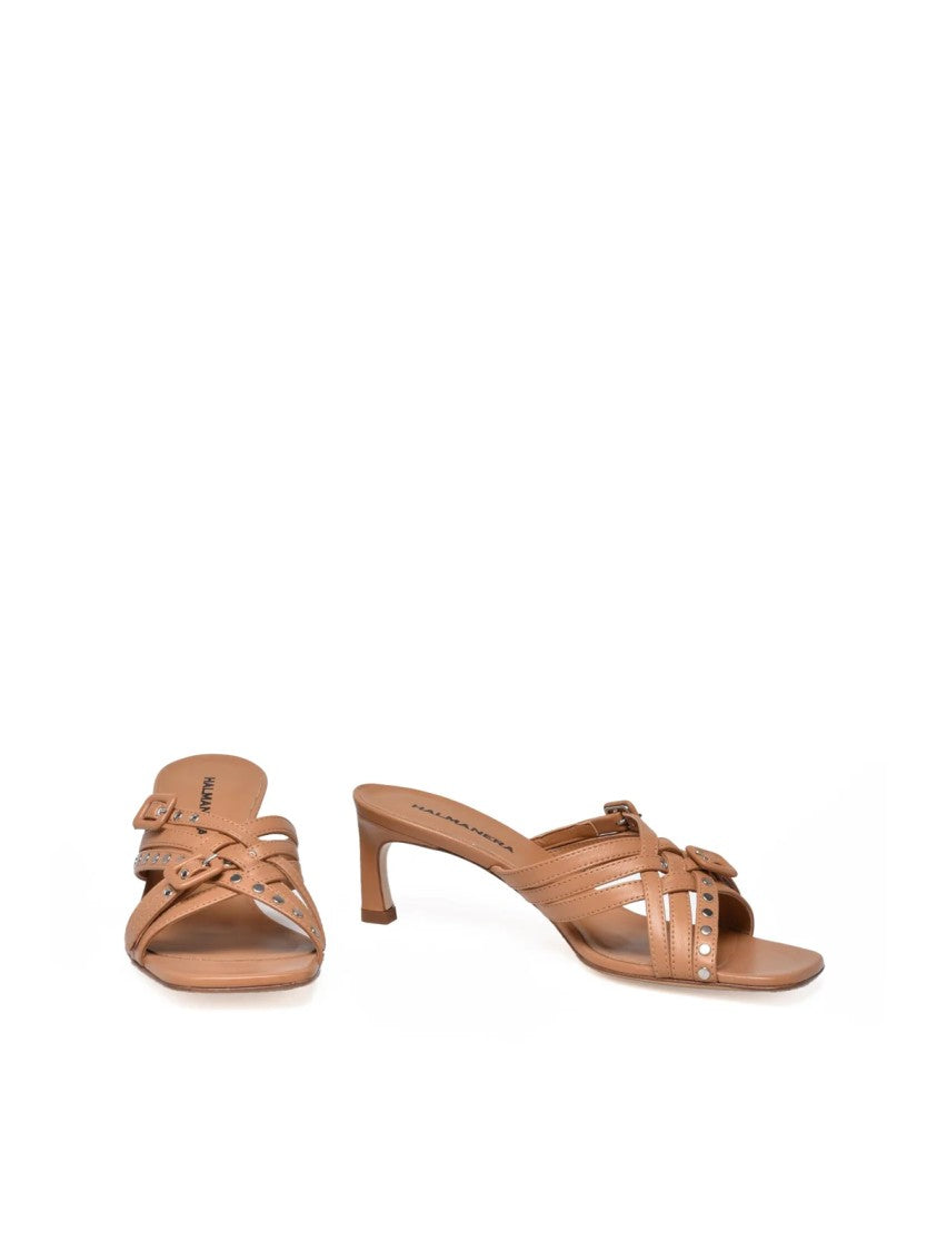 Halmanera Beige Metallic Studded Leather Mule Sandals