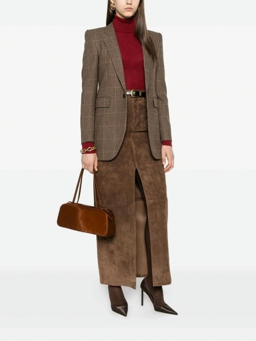 Saint Laurent Brown Check Wool-Cashmere Blazer With Notched Lapels