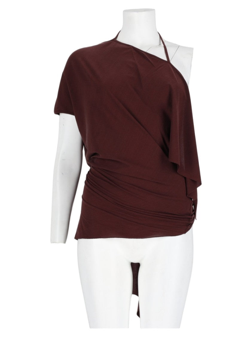 Rick Owens X Lilies Bordeaux Asymmetrical Draped Silk-Blend Top