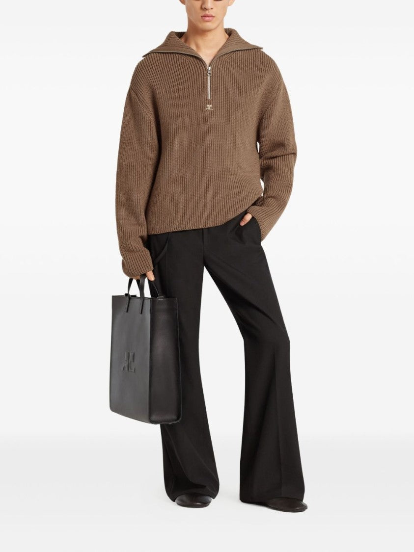 Courrèges Brown Half Zip Funnel Neck Sweater