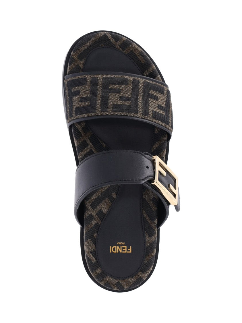 Fendi Brown Feel Embossed Logo Slide Sandals