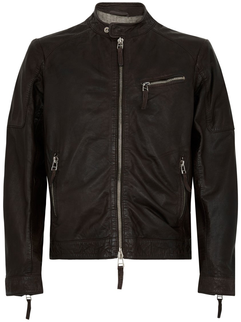 The Jack And Jackie Leathers Brown Leather Jacket With Stand-Up Collar