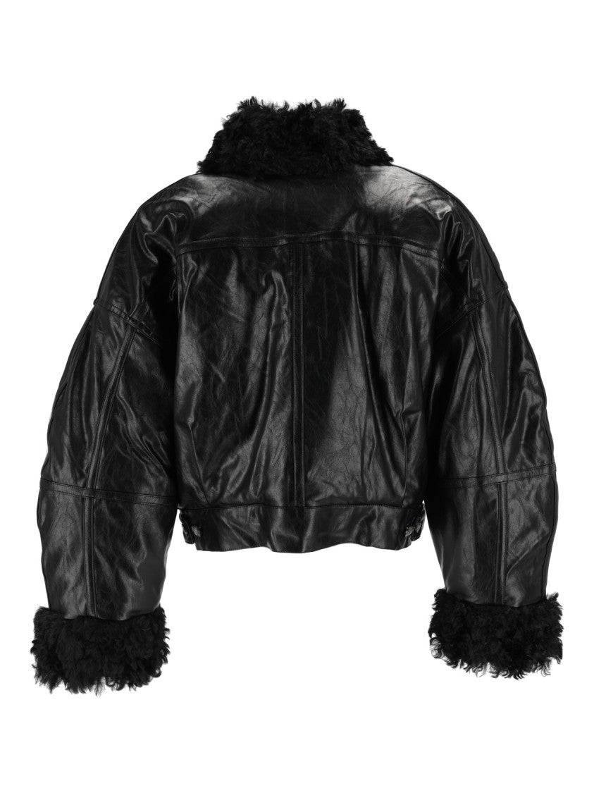 Eleh Black Glossy Cropped Plush Detailed Jacket