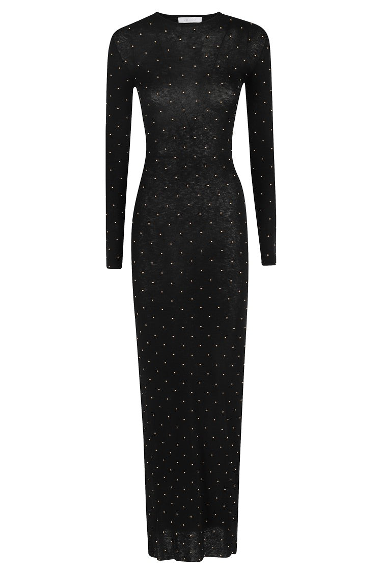 Rabanne Fitted Long Knit Dress With Round Neckline And Rhinestone Embellishments