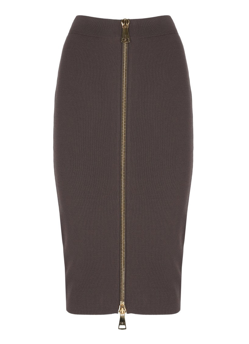 Elisabetta Franchi High-Waisted Brown Midi Skirt With Maxi Gold Zip Closure