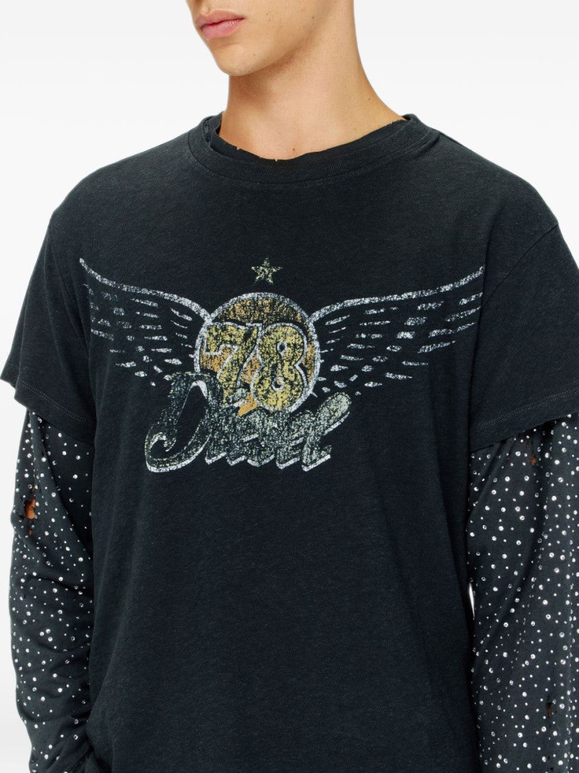 Diesel Vintage-Style Distressed Graphic Print Silk-Nylon Blend T-Shirt