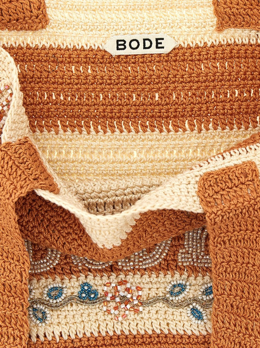 Bode Handmade Crochet Shopping Bag With Floral Embroidery And Tassels
