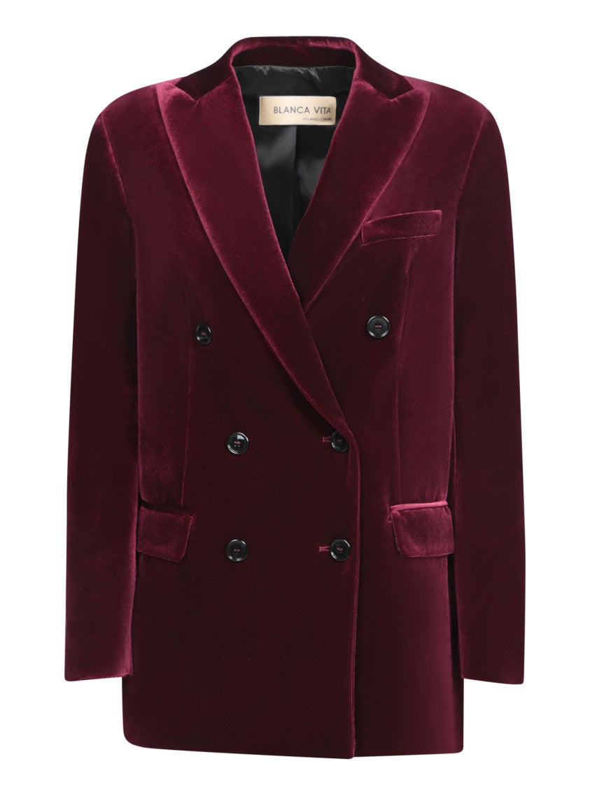 Blanca Vita Burgundy Double-Breasted Velvet Jacket