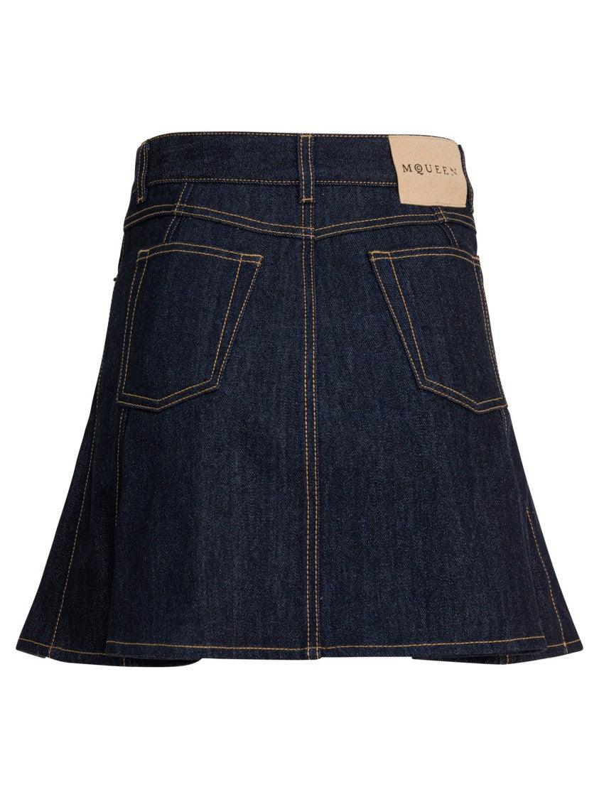 Alexander Mcqueen Structured A-Line Mini Skirt In Dark Indigo Denim