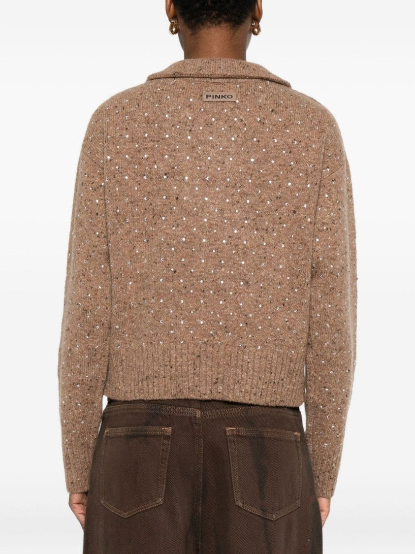 Pinko Camel Knit Top With Deep V-Neckline