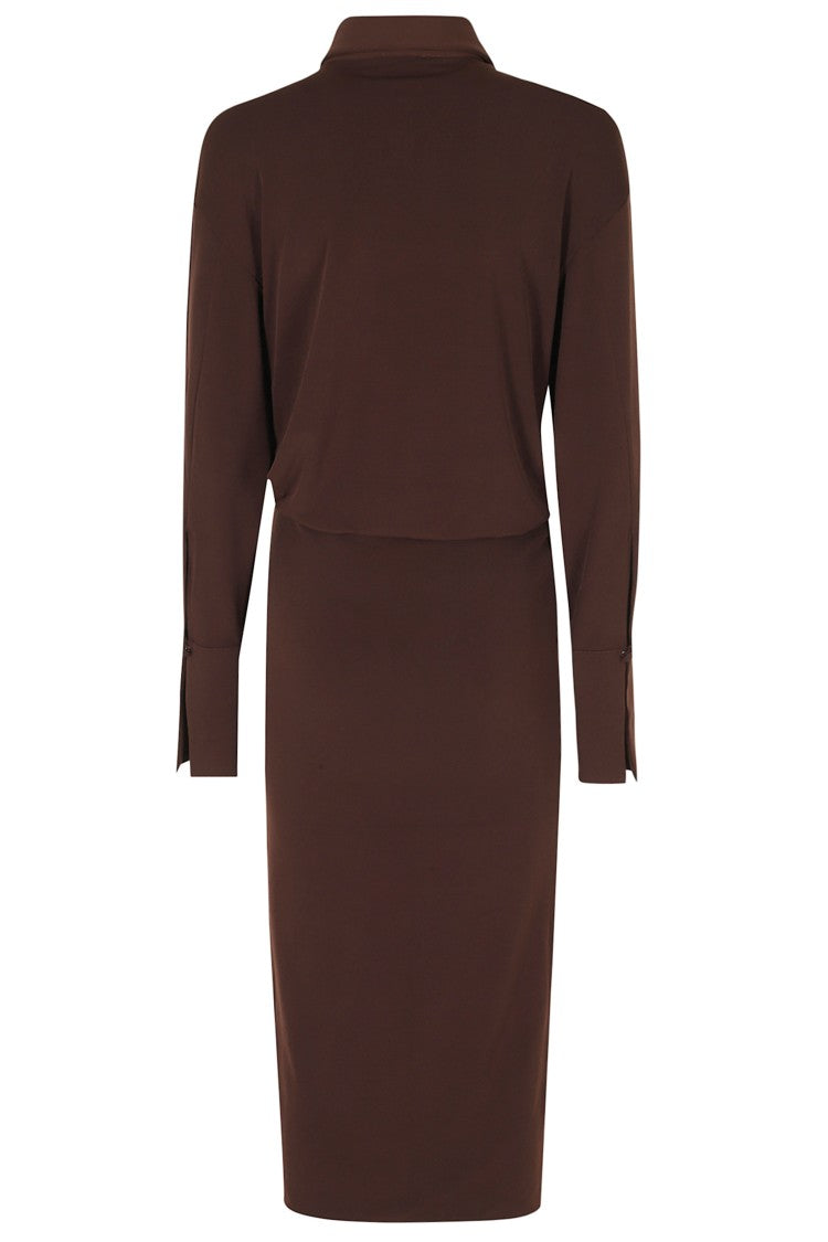 The Andamane Brown Lilia Deep V-Neck Buttoned Collar Midi Dress